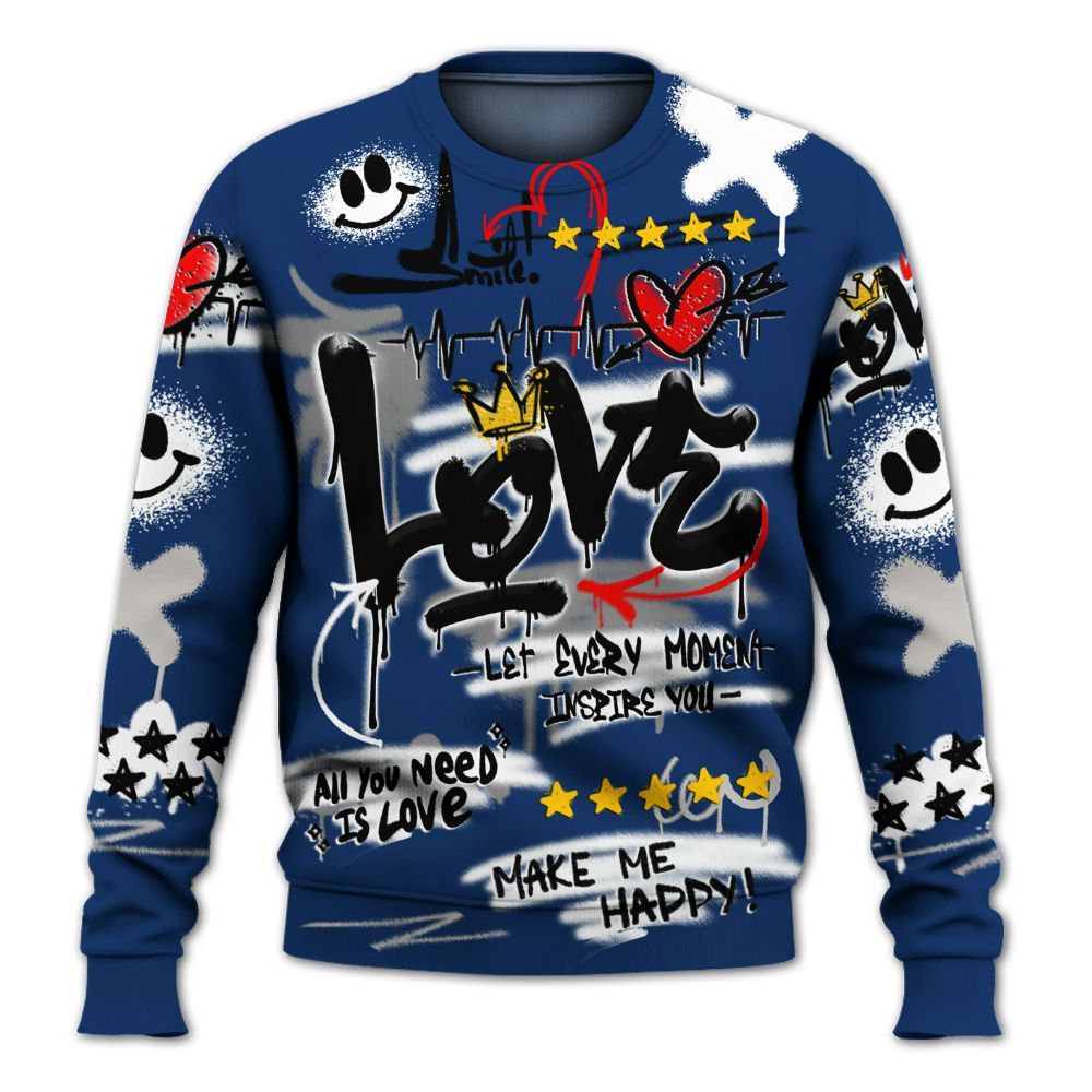 Sweatshirt To Match High OG Deep Royal Blue 1s - Happy Love Beats Graffiti Streetwear All Over Print