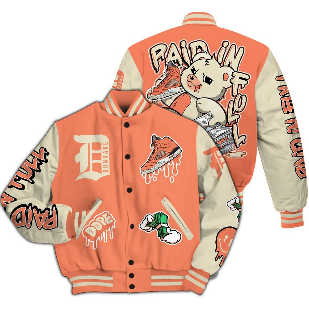 Varsity Jacket To Match DJ Khaled Crimson Bliss 5s - Drip Paid In Full Moneys Bear Graphics All Over Print