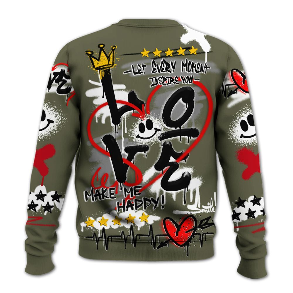 Sweatshirt To Match Low OG Medium Olive 1s - Happy Love Beats Graffiti Streetwear All Over Print