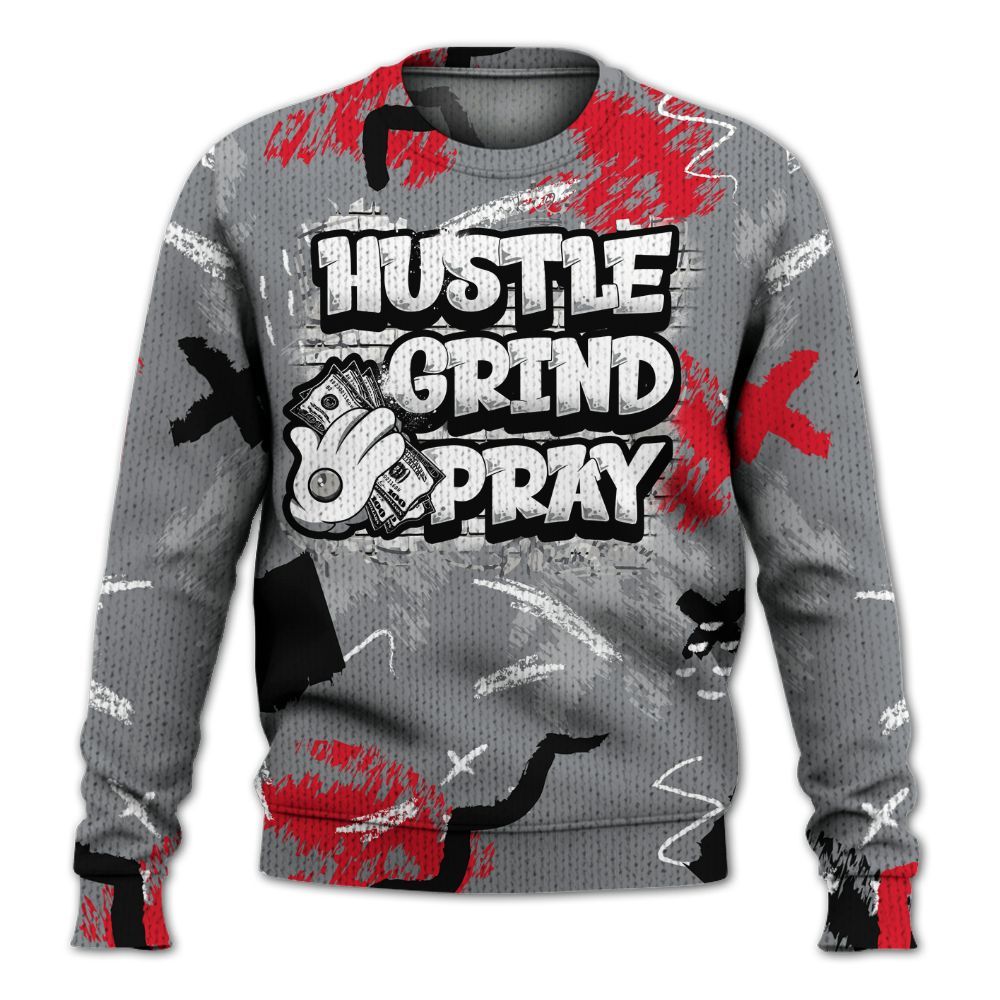 Knitted Sweater To Match Black Cement 3s - Hustle Grind Pray Graphic Street Style