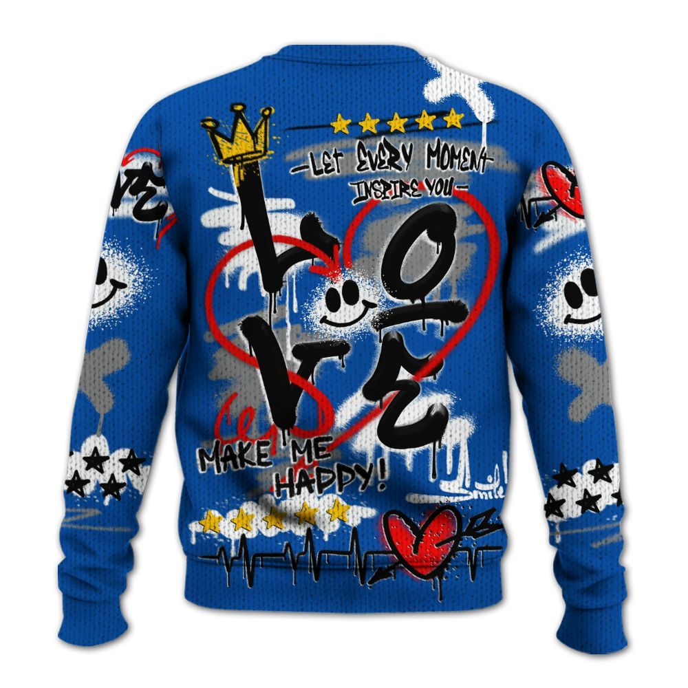 Knitted Sweater To Match Racer Blue 5s - Happy Love Beats Graffiti Streetwear