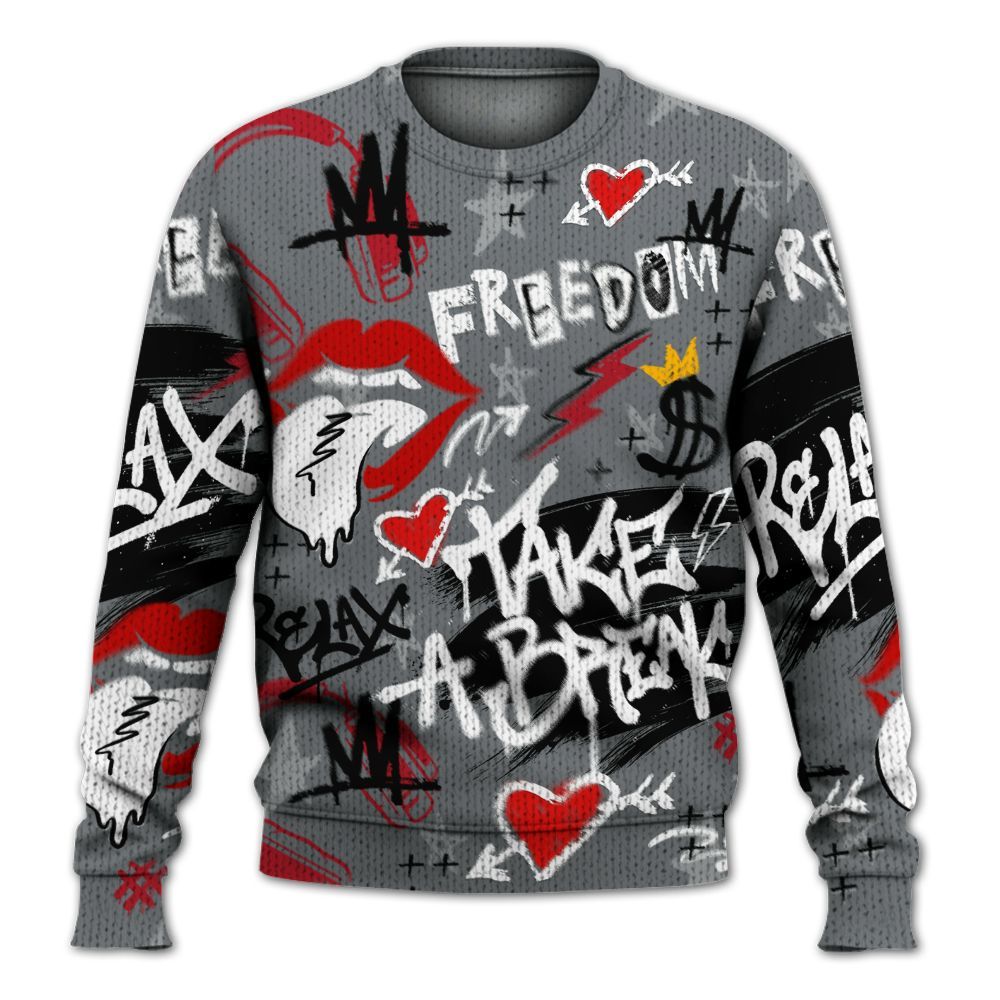 Knitted Sweater To Match Retro Fire Red 9s - Take Break Freedom Graffiti Streetwear