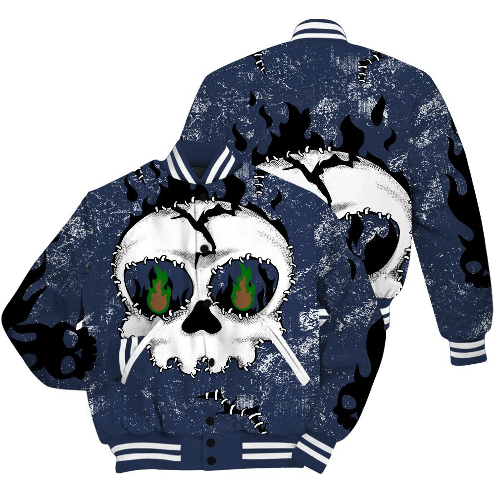 Varsity Jacket To Match Midnight Navy 13s Shirt, Cracked Skull Stitches All Over Print