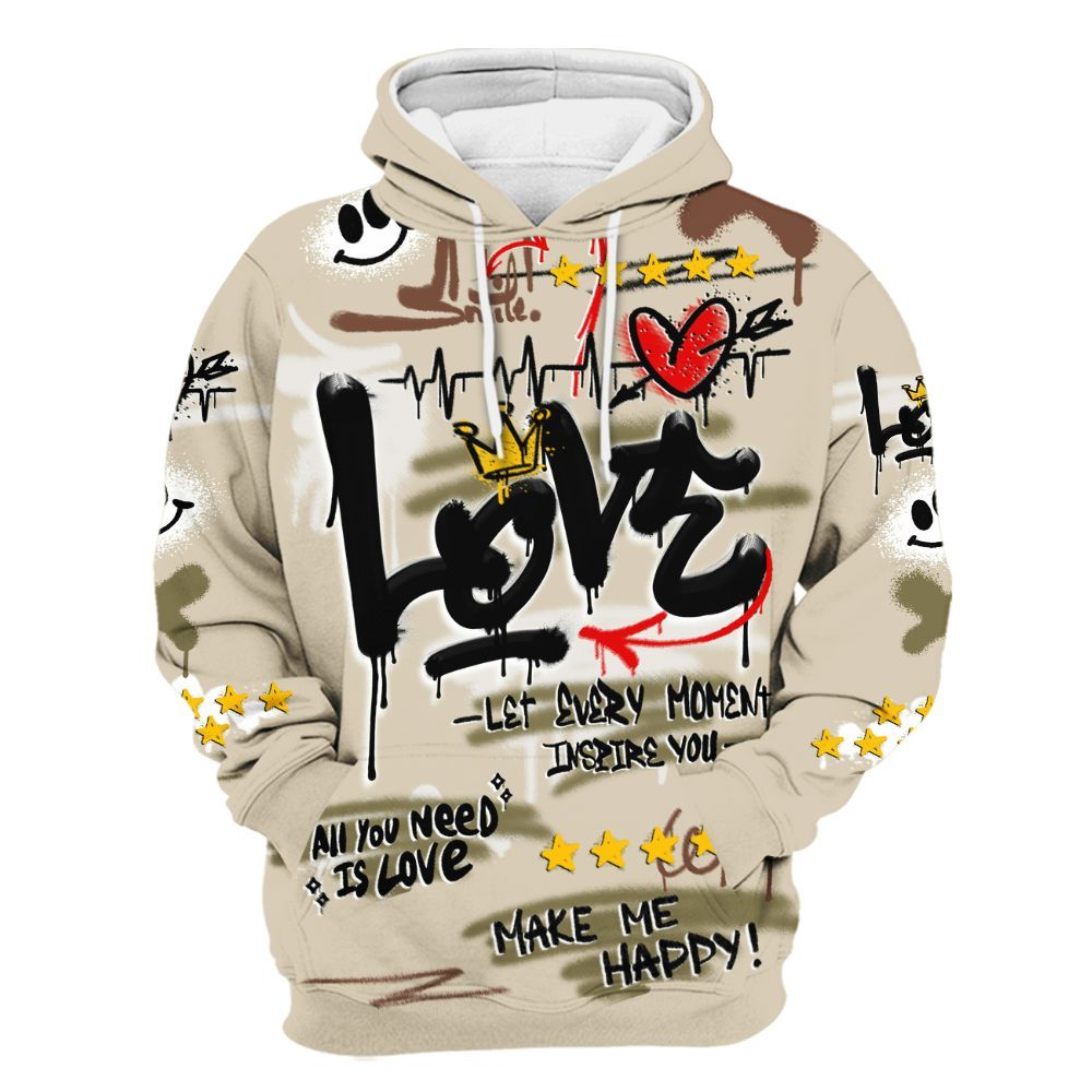 Hoodie To Match Sail Neutral Olive 6s - Happy Love Beats Graffiti Streetwear All Over Print