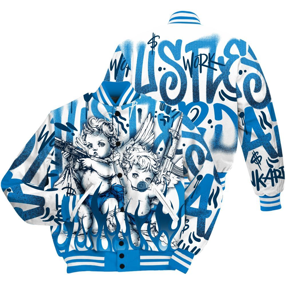Varsity Jacket To Match Industrial Blue 4s Shirt, Angel Hustle Hard Military Blue 4s All Over Print