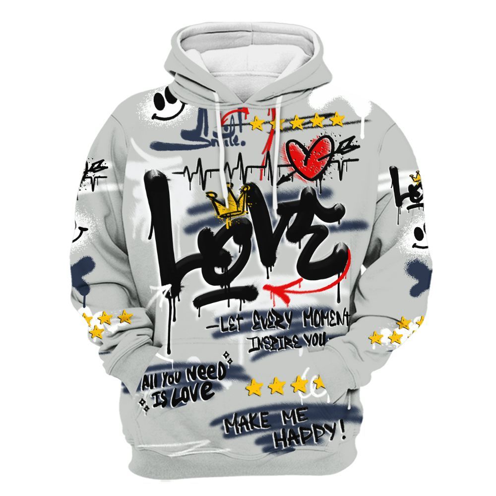 Hoodie To Match Low Navy Grey Gum 1s - Happy Love Beats Graffiti All Over Print