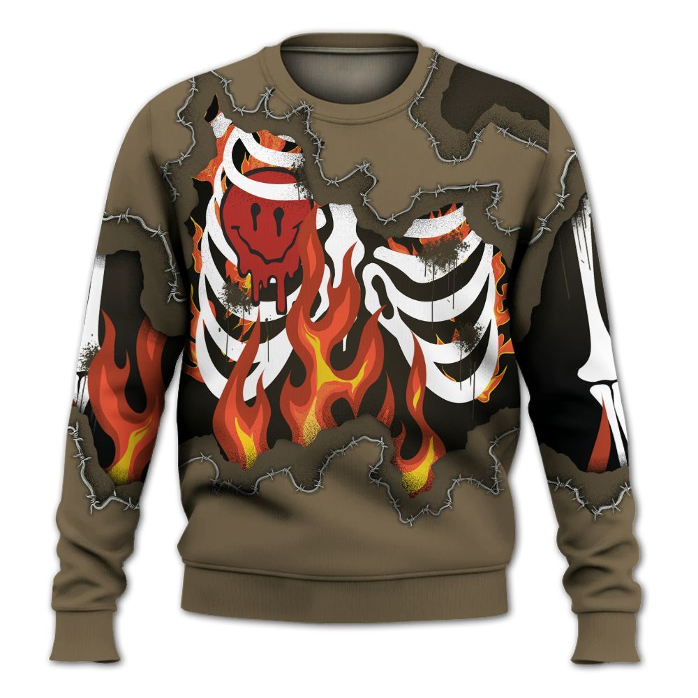 Sweatshirt To Match Olive 9s - Skeleton On Fire Skrrt All Over Print