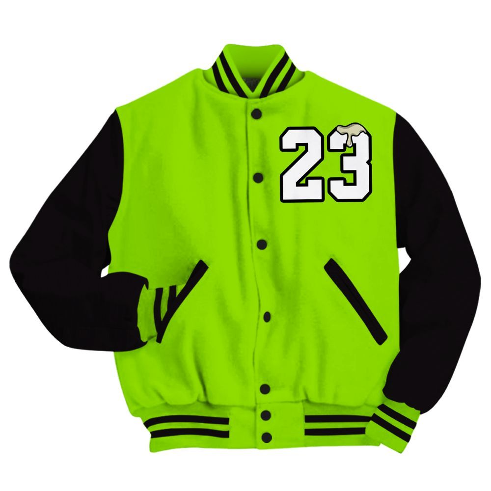 Varsity Jacket To Match Electric Green 6s - Custom Name Number 23 Drip All Over Print
