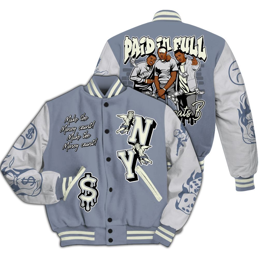 Varsity Jacket To Match Retro High OG Cool Grey 1s - Paid In Full Money Graphic Varsity Jacket All Over Print