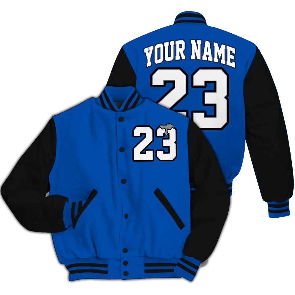 Varsity Jacket To Match Racer Blue 5s - Custom Name Number 23 Drip All Over Print
