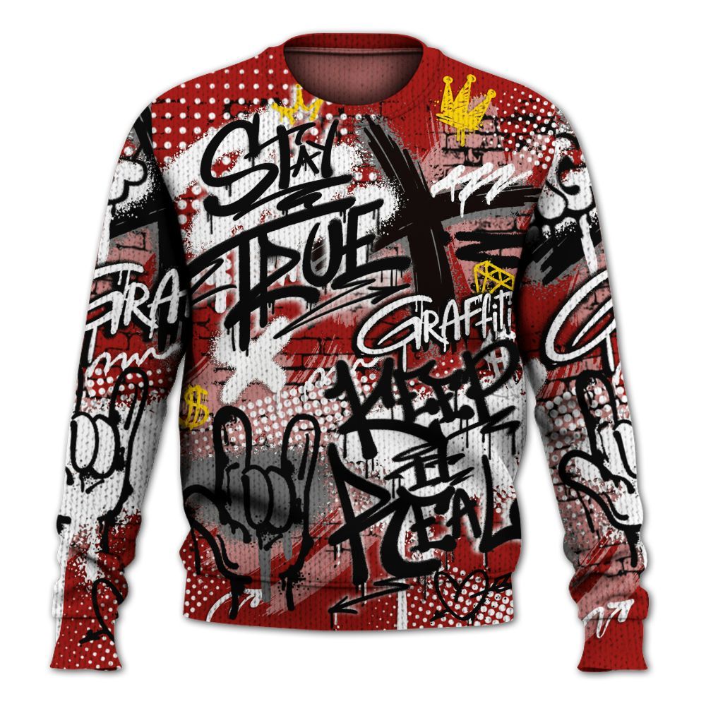 Knitted Sweater To Match High OG Varsity Red 1s - True It Real Graffiti Streetwear