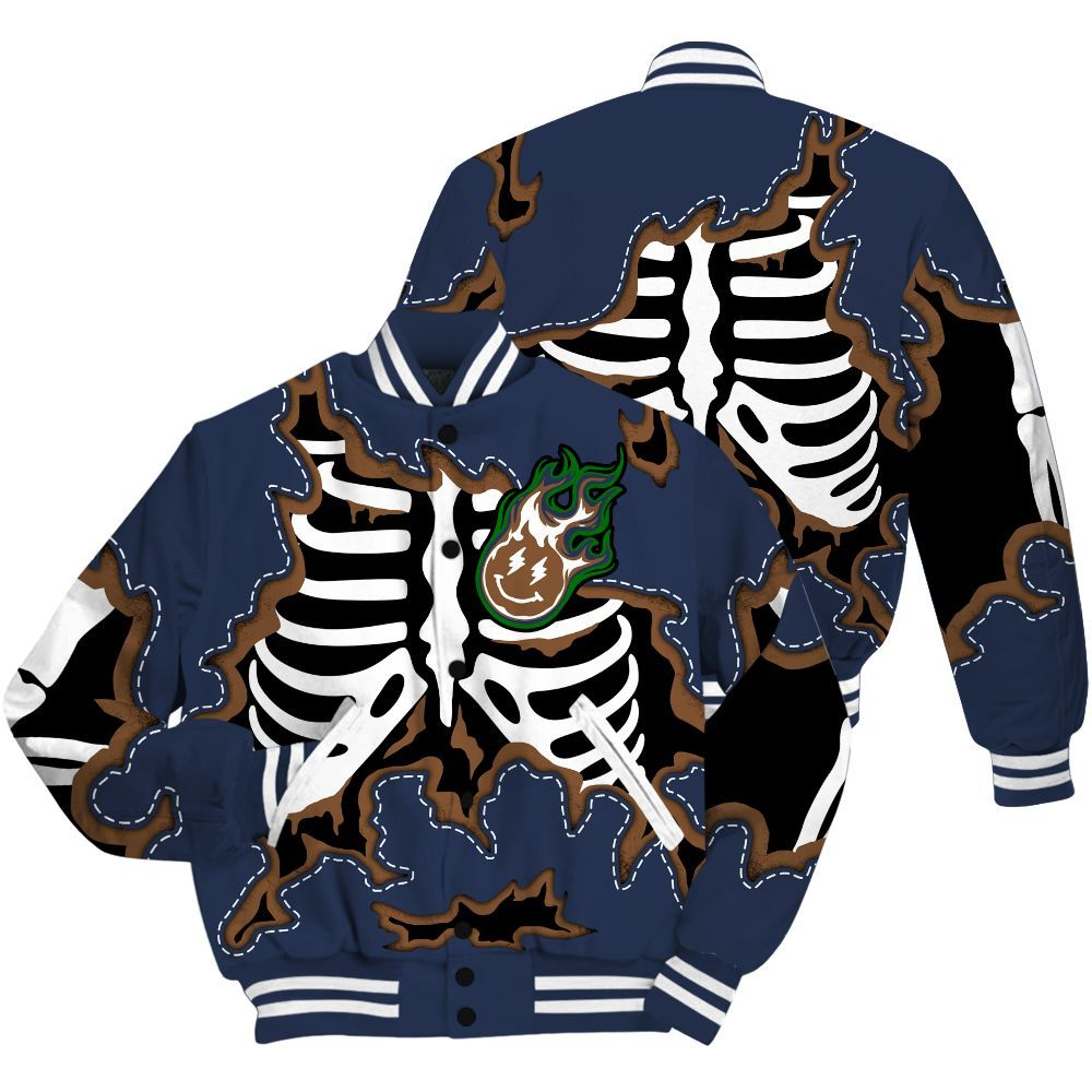 Varsity Jacket To Match Midnight Navy 13s Shirt, Skeleton Smiley Face All Over Print