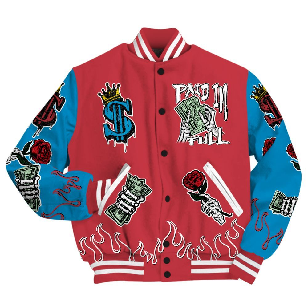 Varsity Jacket To Match High OG University Red Dark Powder Blue 1s - Fire Everybody Paid In All Over Print