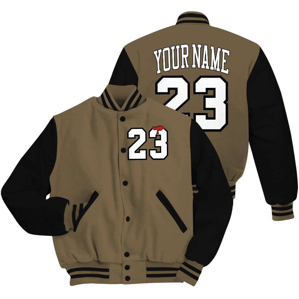 Varsity Jacket To Match Olive 9s - Custom Name Number 23 Drip All Over Print