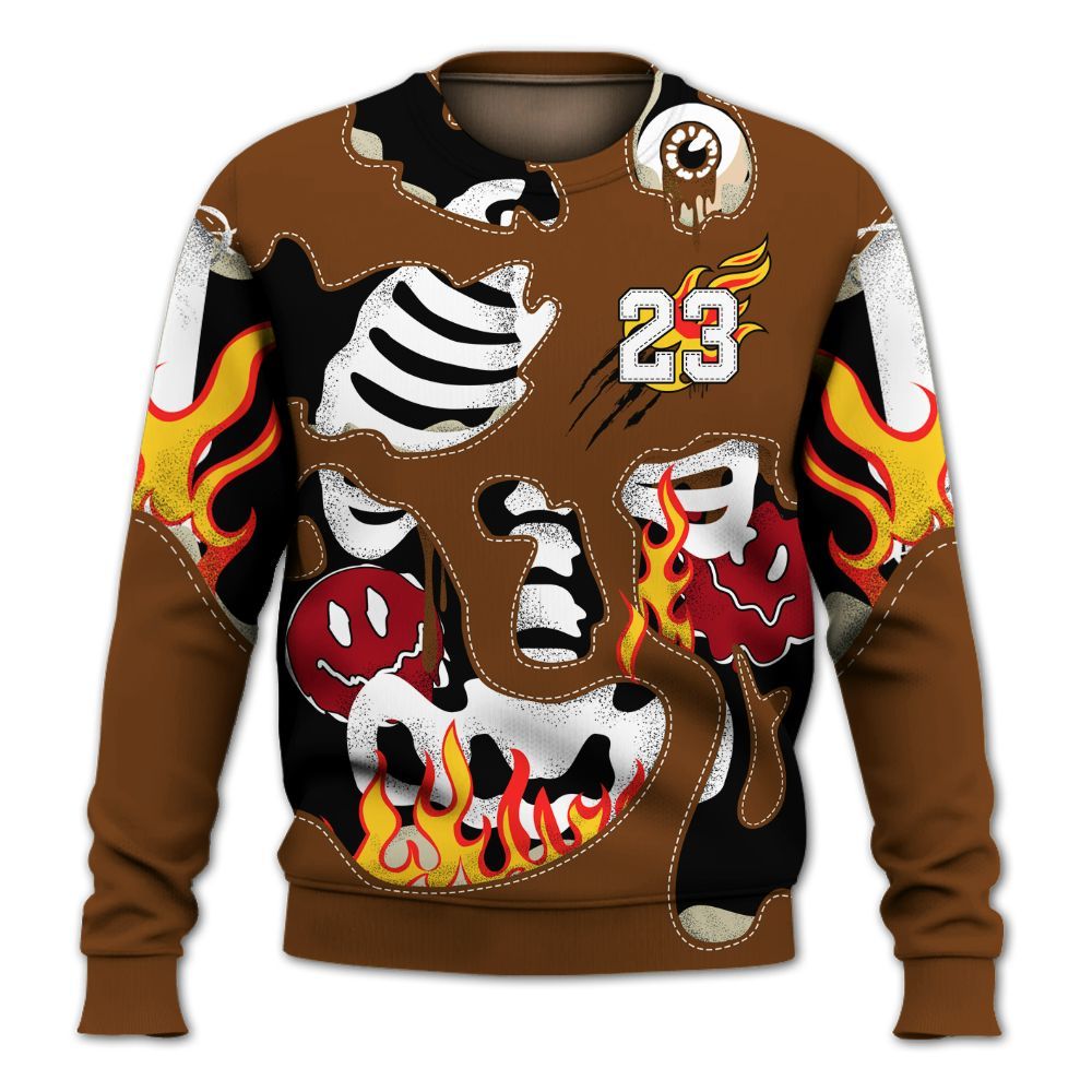 Sweatshirt To Match Archaeo Brown 5s - Skeleton Smile Flame Drip All Over Print