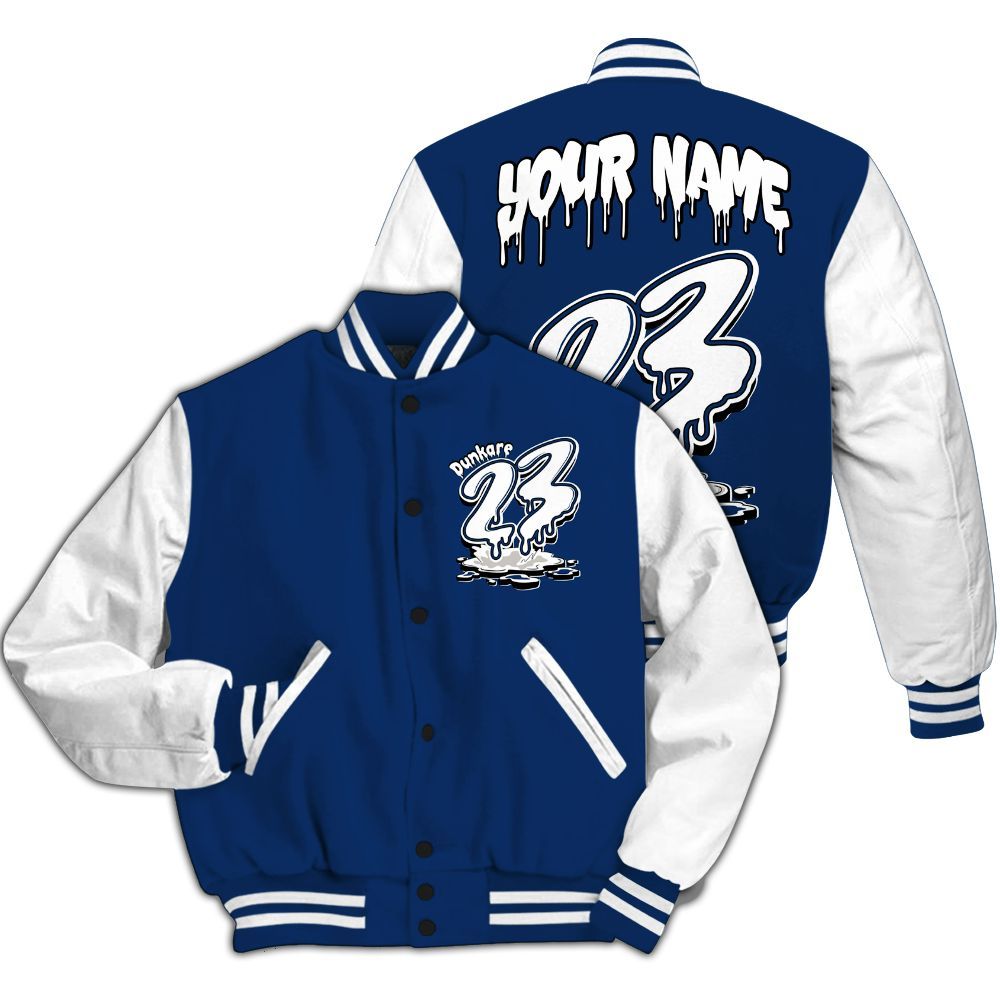 Varsity Jacket To Match High OG Deep Royal Blue 1s - Custom Name 23 Drip All Over Print