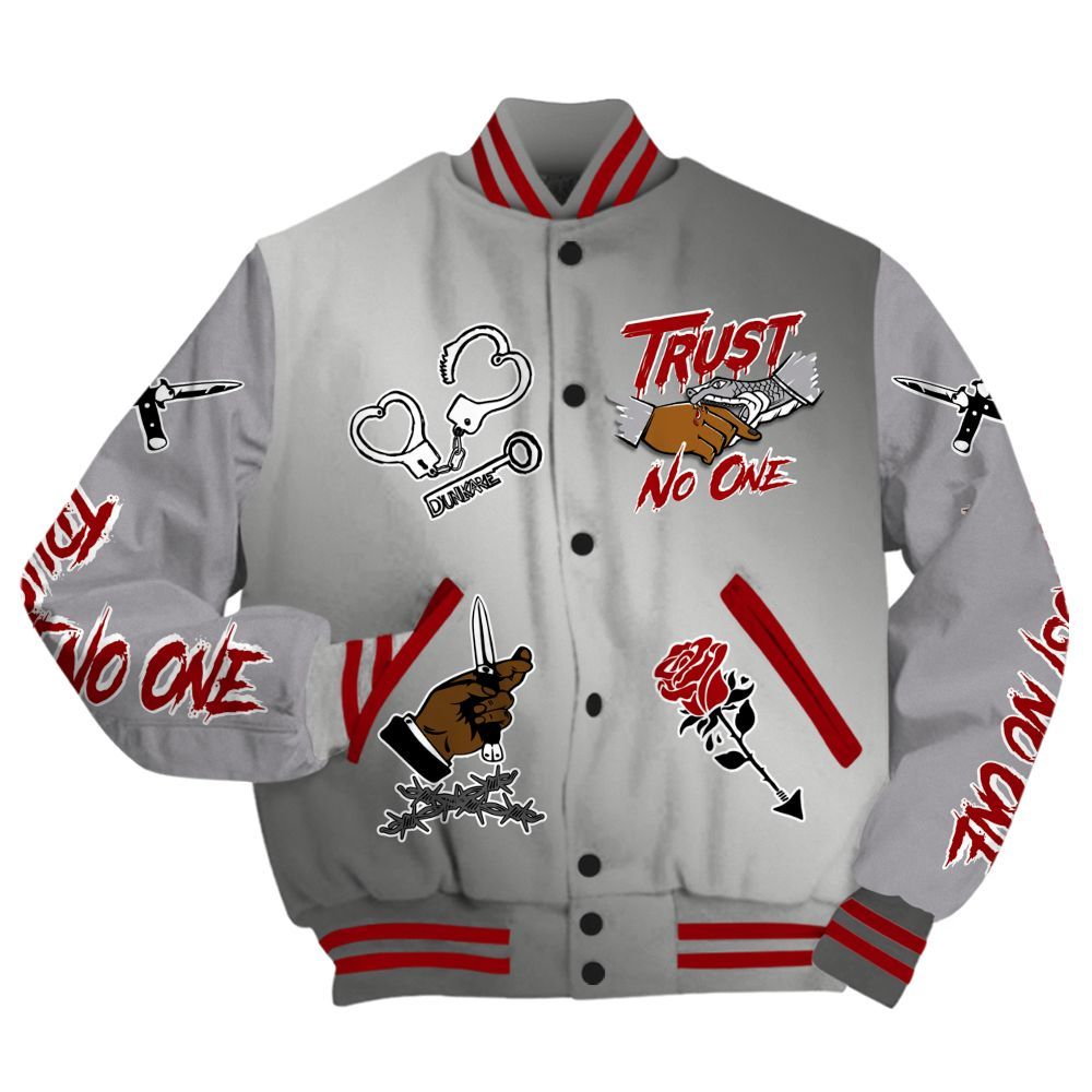 Varsity Jacket To Match Metallic Silver 14s - Trust No One Dripping All Over Print