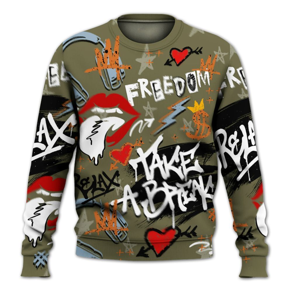 Sweatshirt To Match Olive 5s - Take Break Freedom Graffiti Streetwear All Over Print