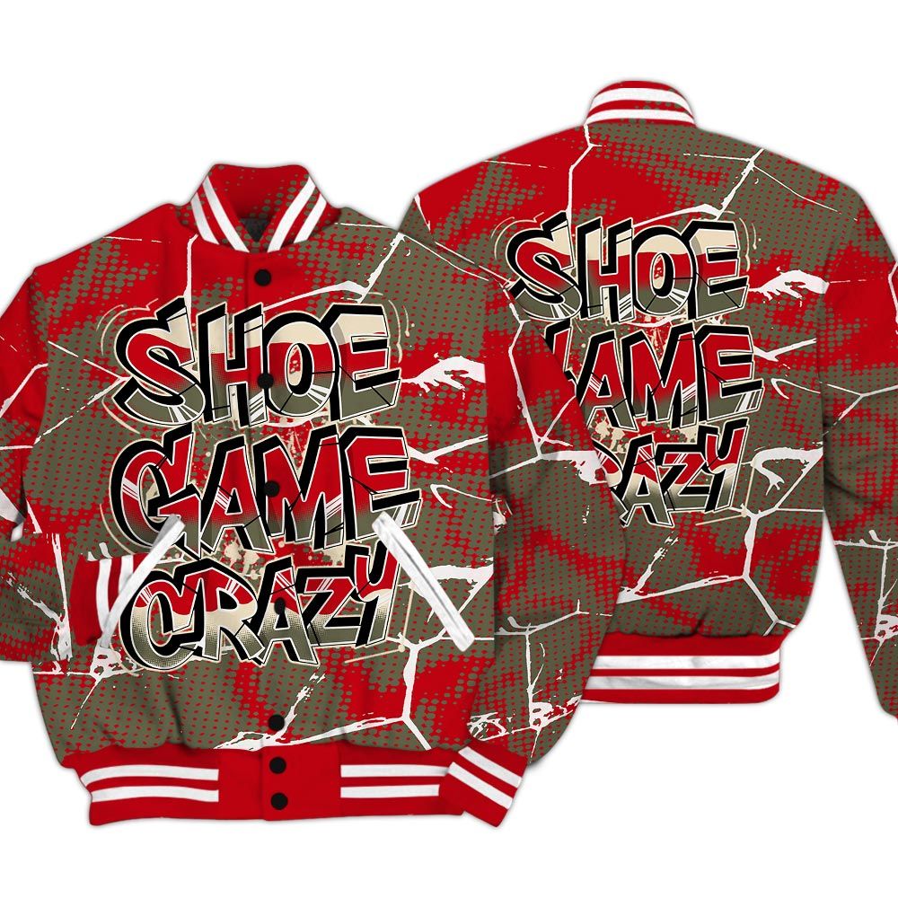 Varsity Jacket To Match Low OG Medium Olive 1s - Shoe Game Crazy White Graphic Crack Varsity Jacket Unisex