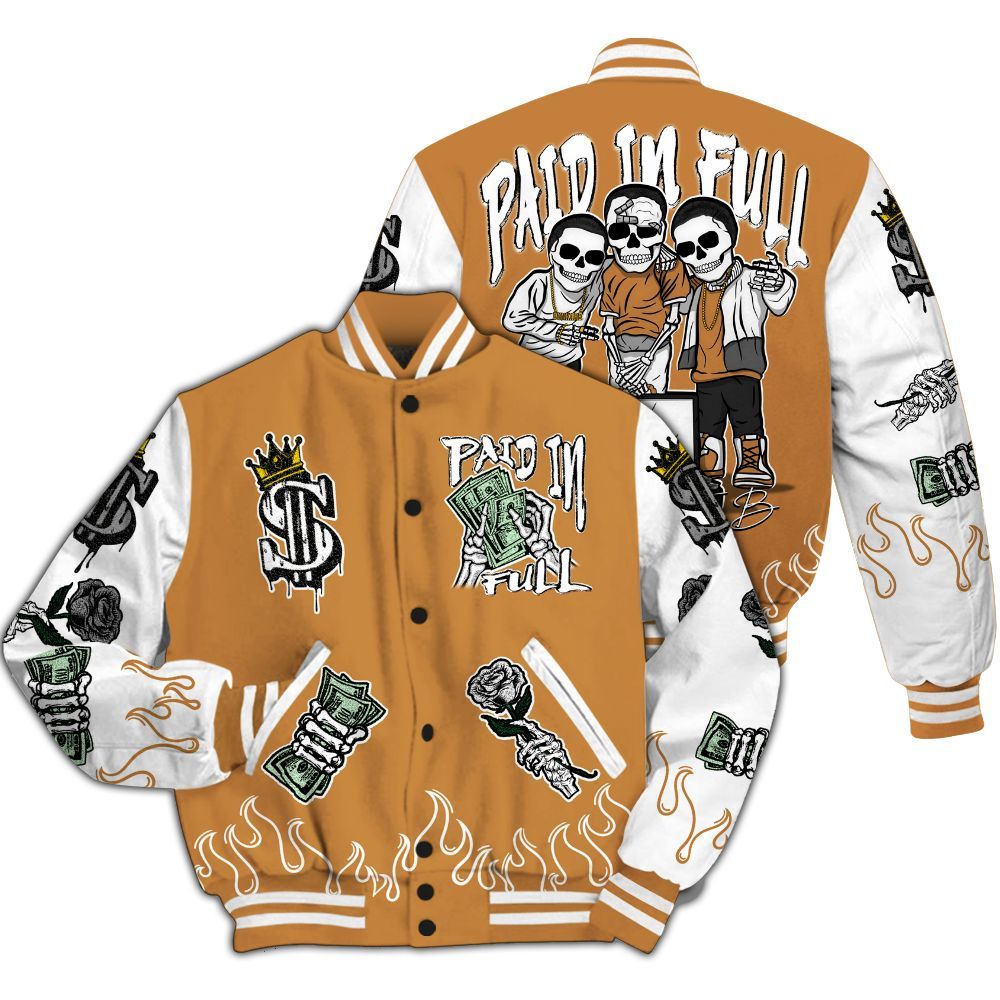 Varsity Jacket To Match Dunk Low Nature Wheat Suede - Fire Everybody Paid In All Over Print