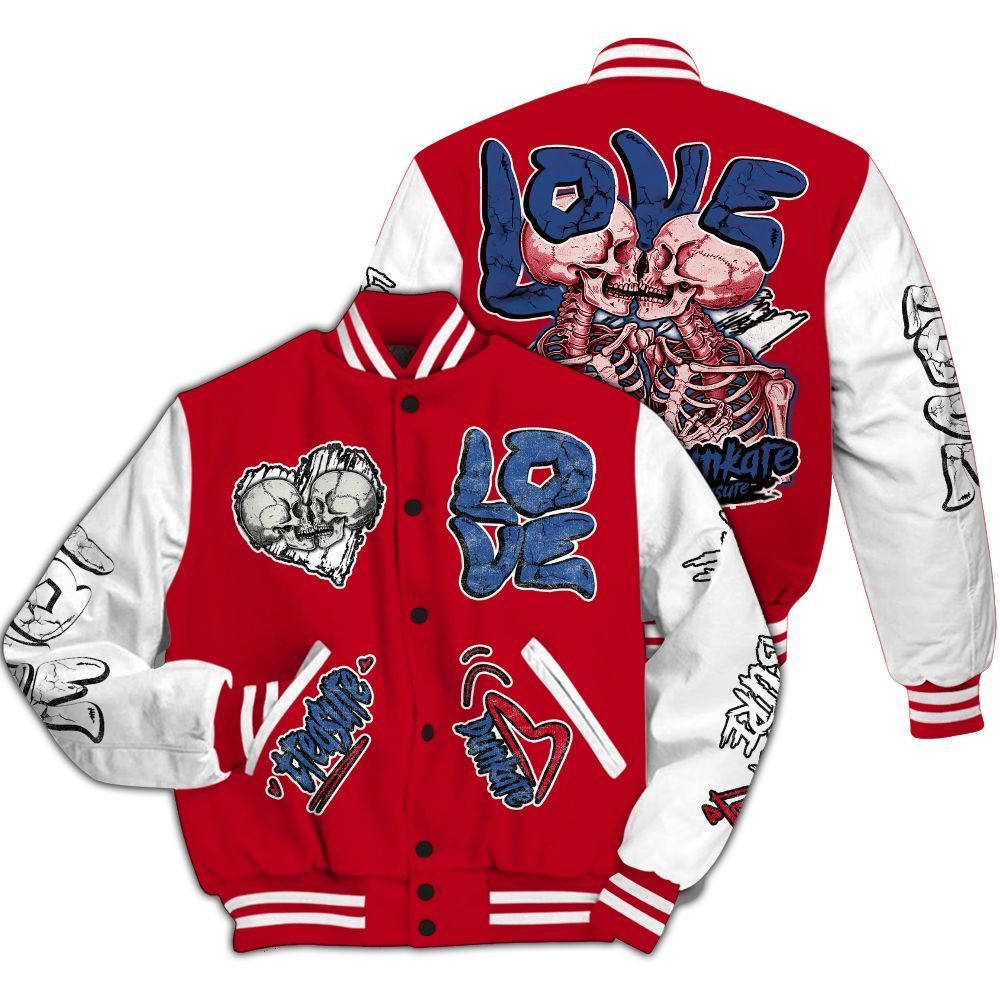 Varsity Jacket To Match Air Griffey Max Black Red Navy Blue 1s - Skull Bear All Over Print