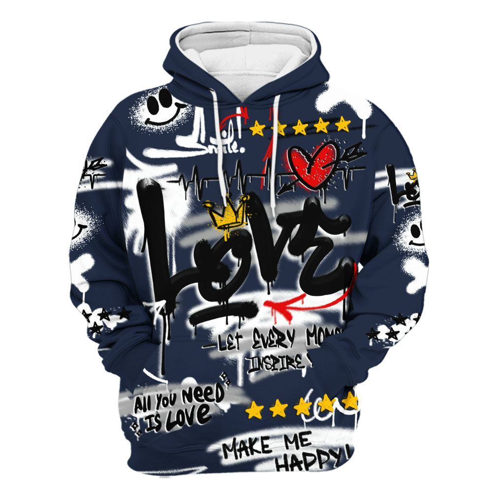 Hoodie To Match Dunk Low White Midnight Navy - Happy Love Beats Graffiti Streetwear All Over Print