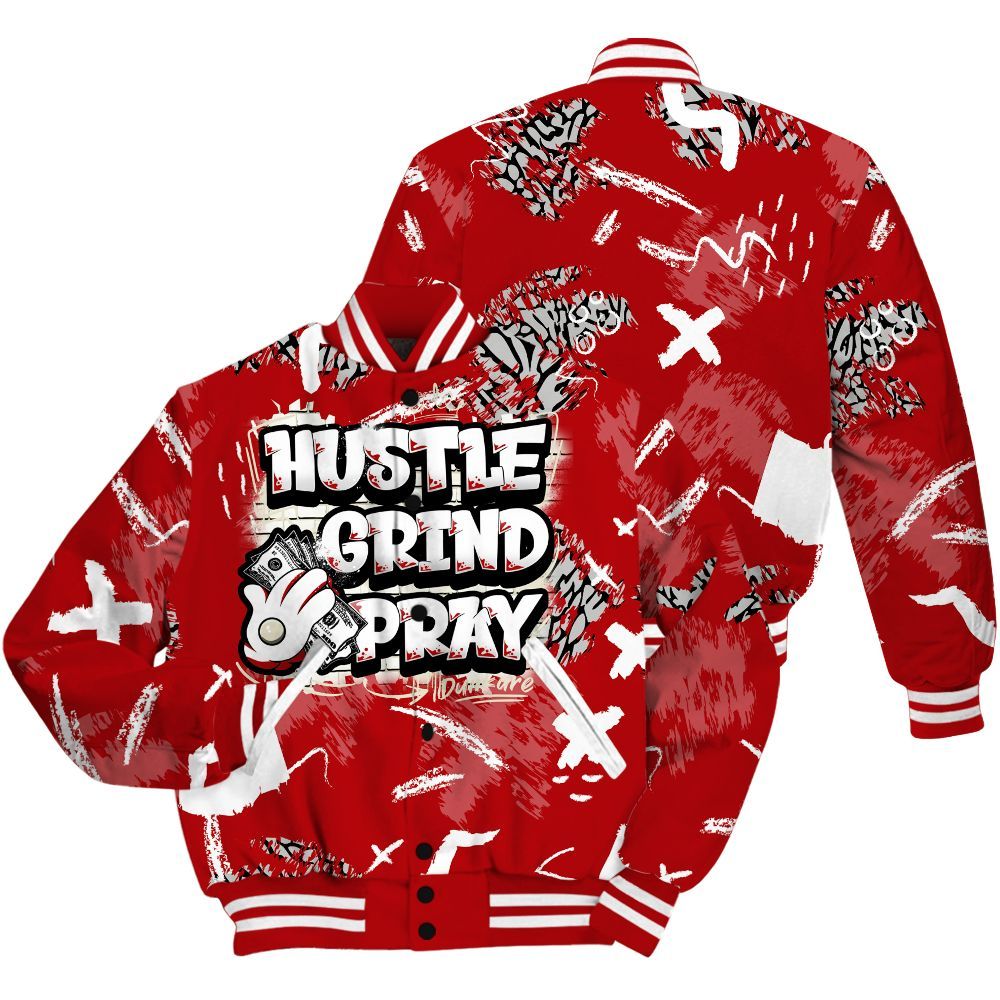 Varsity Jacket To Match Cement Grey 3s - Hustle Grind Pray Retro All Over Print