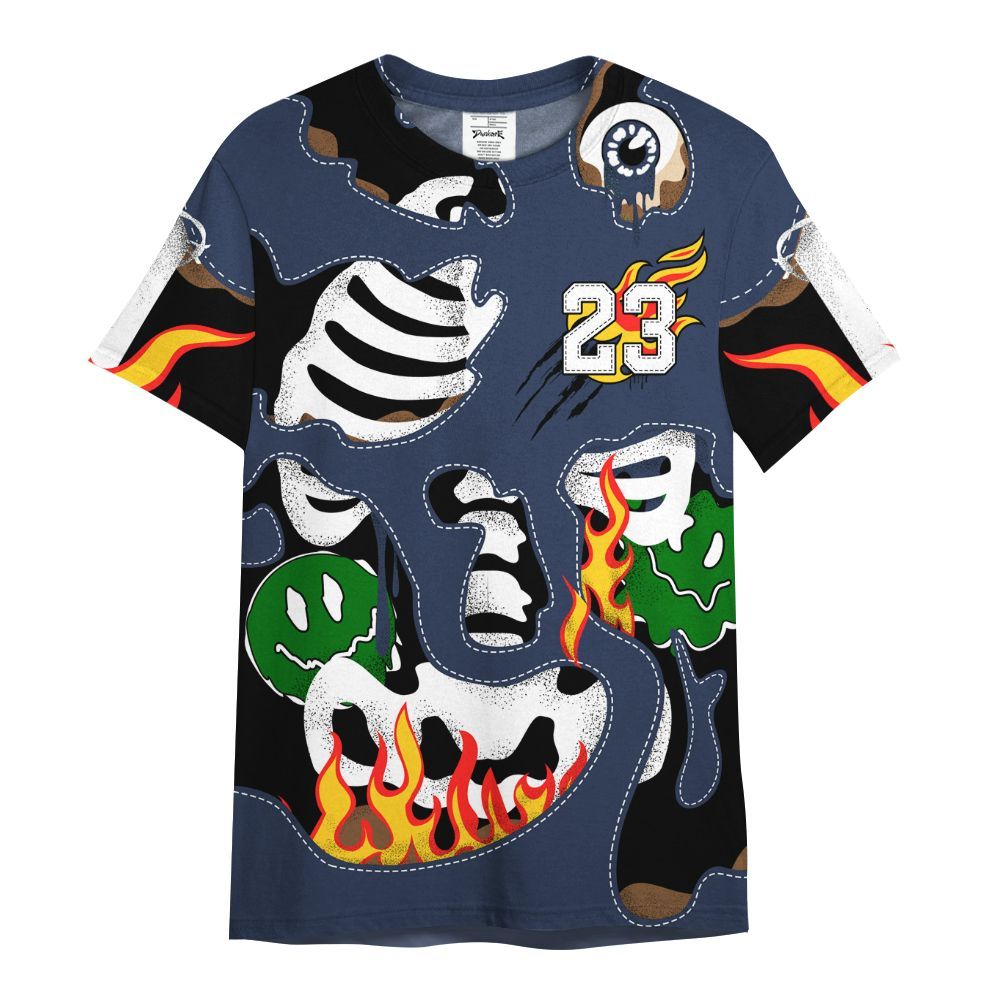 Shirt To Match Midnight Navy 13s - Skeleton Smile Flame Drip All Over Print