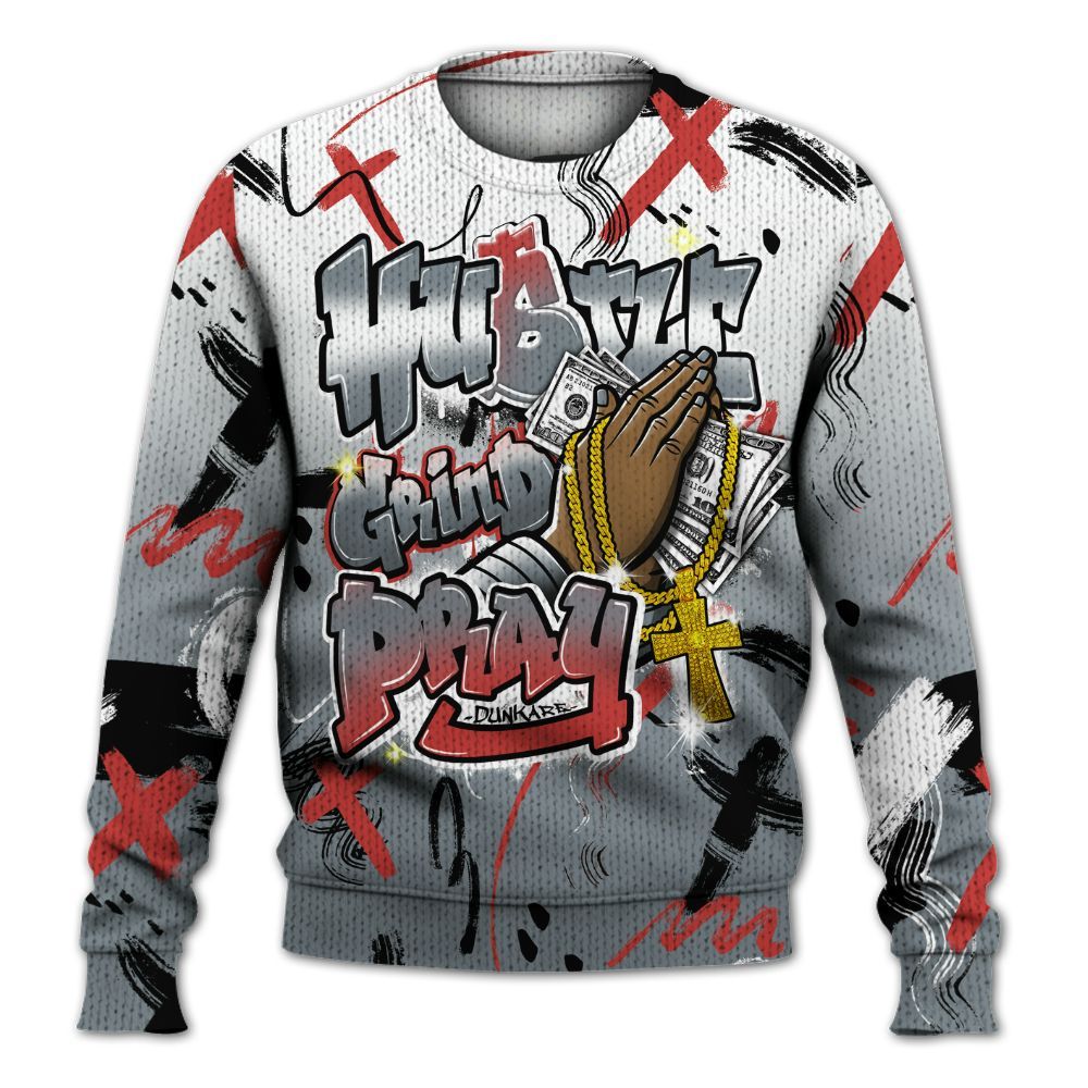 Knitted Sweater To Match Wolf Grey 13s - Money Hustle Grind Pray