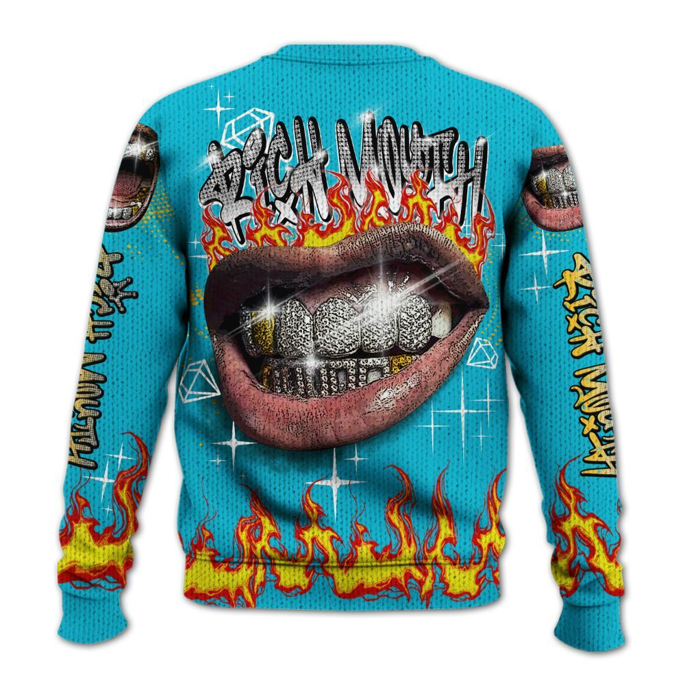Knitted Sweater To Match Retro Aqua 5s - Rich Mouth Fire Rap Retro 90s