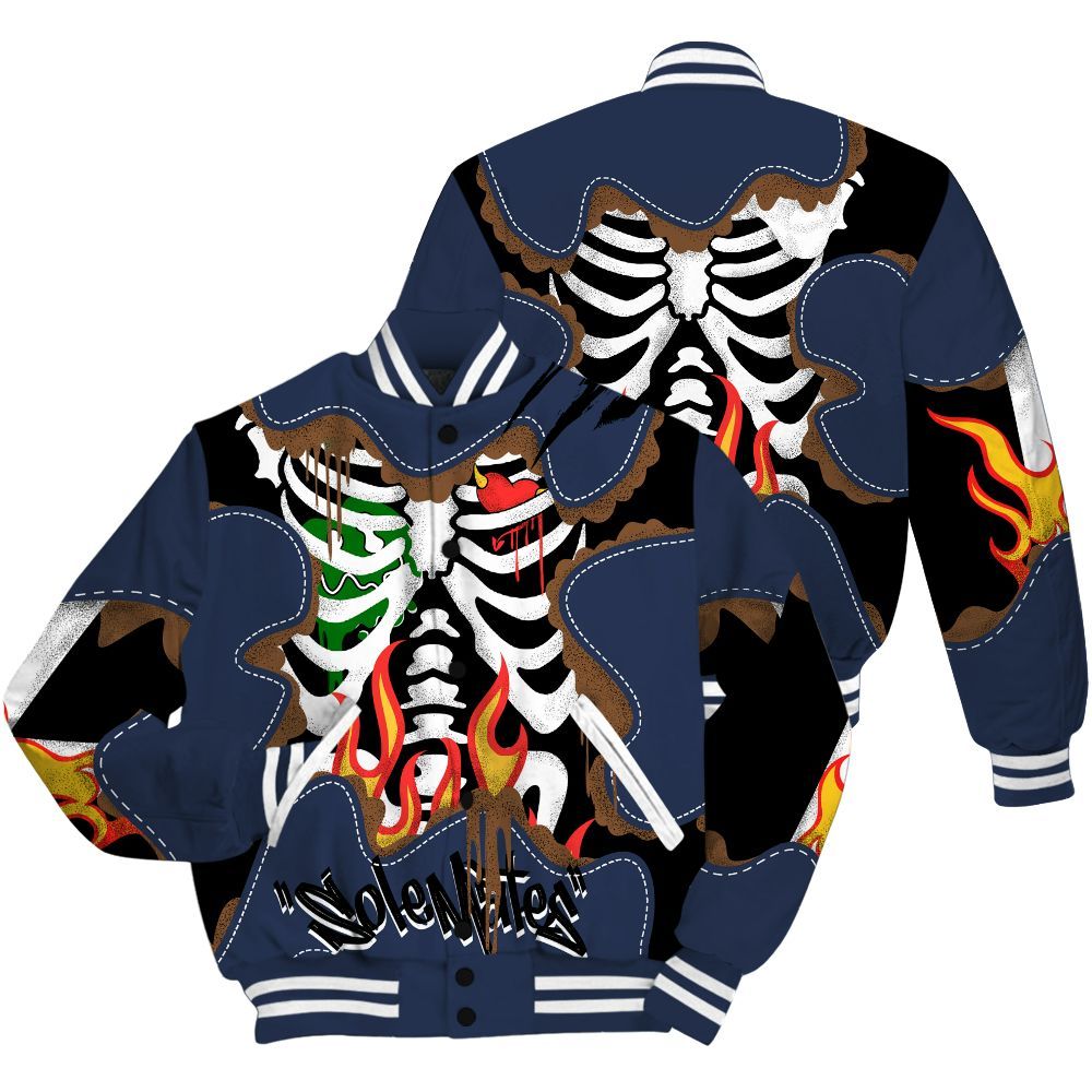 Varsity Jacket To Match Midnight Navy 13s - Skeleton Burning Heart Drip All Over Print