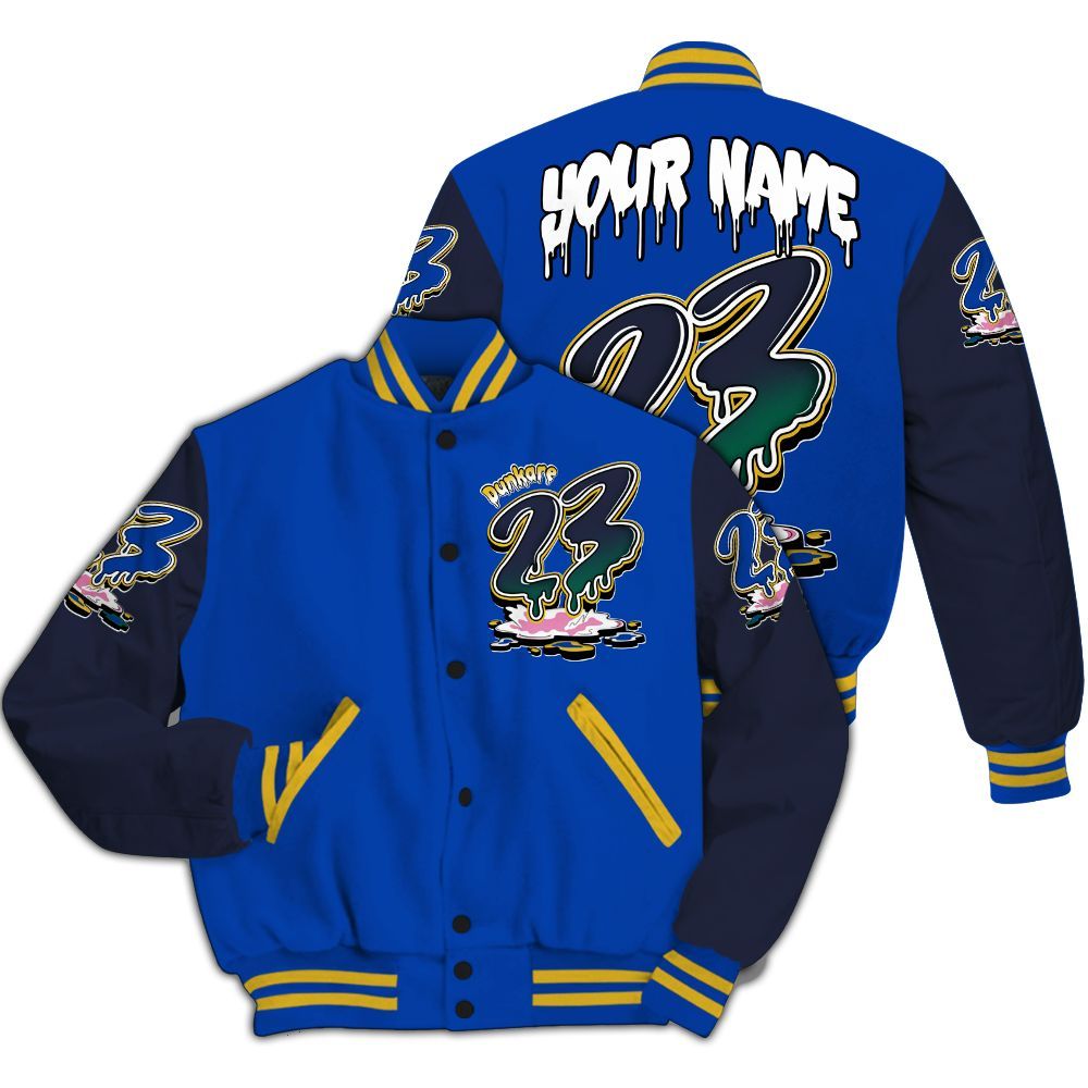 Varsity Jacket To Match Brazil Racer Blue Yellow 3s - Custom Name 23 Drip All Over Print