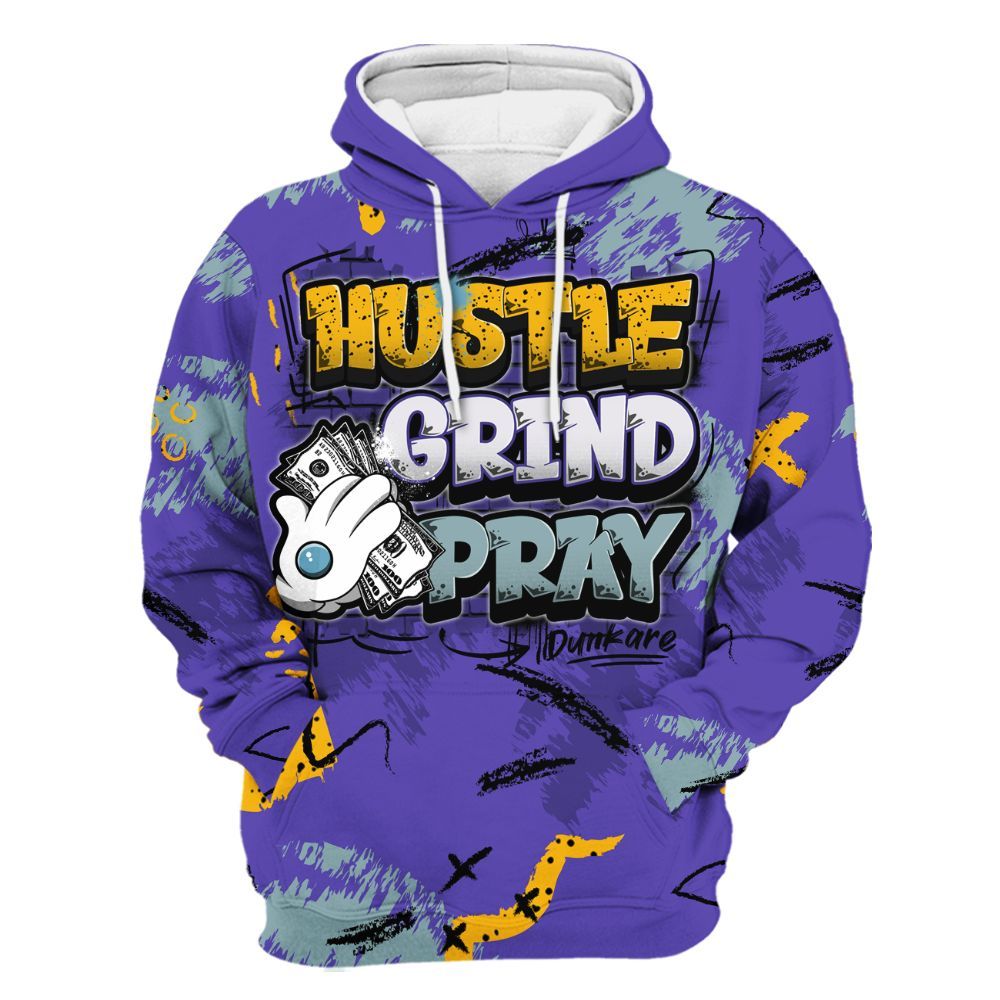Hoodie To Match Imperial Purple 4s - Hustle Grind Pray Graphic Street Style All Over Print