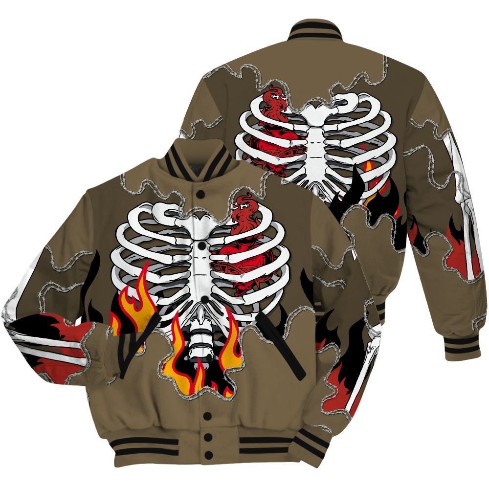 Varsity Jacket To Match Olive 9s Shirt, Skeleton Heart On Fire All Over Print