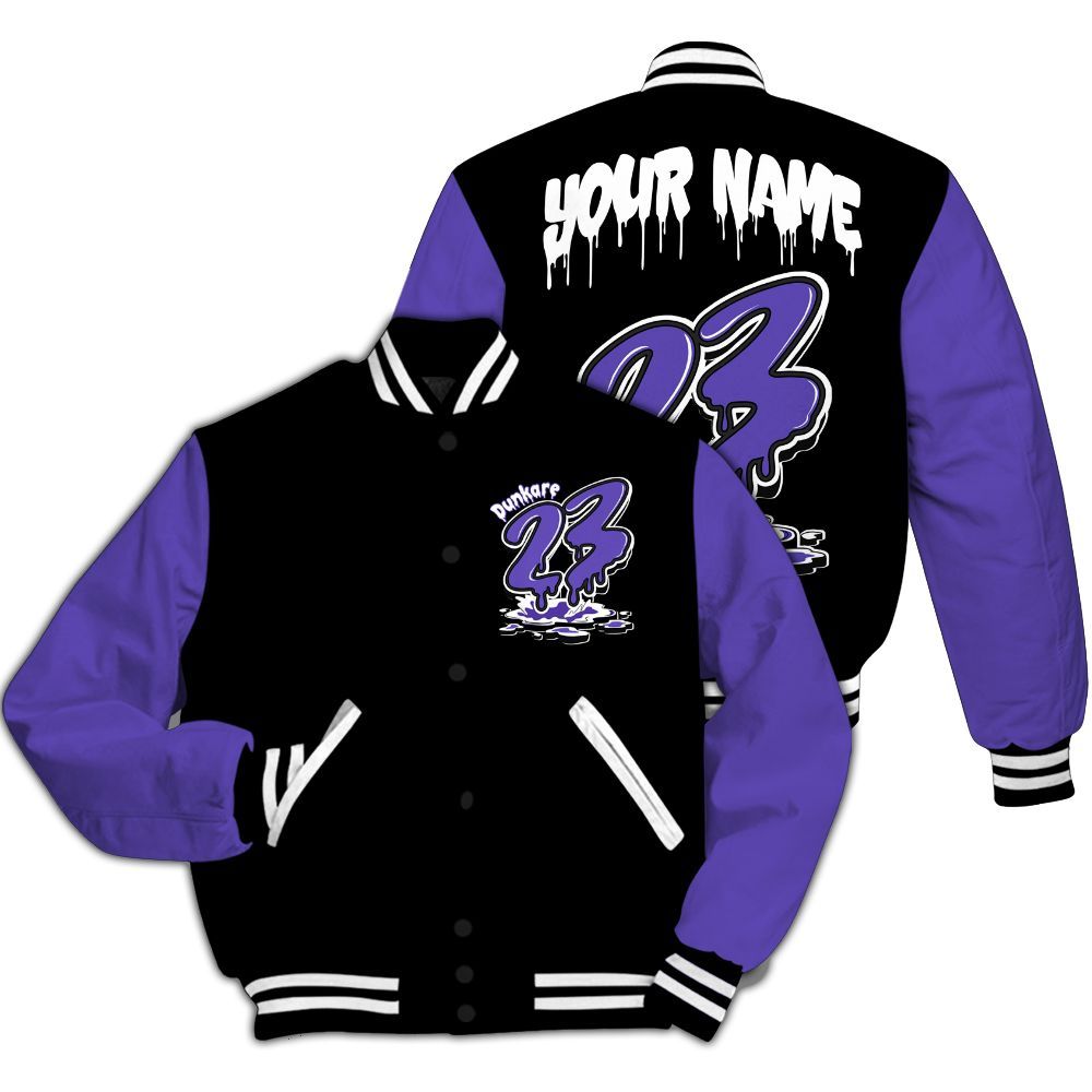 Varsity Jacket To Match Field Purple 12s - Custom Name 23 Drip All Over Print