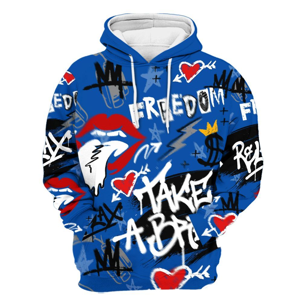 Hoodie To Match Racer Blue 5s - Take Break Freedom Graffiti Streetwear All Over Print