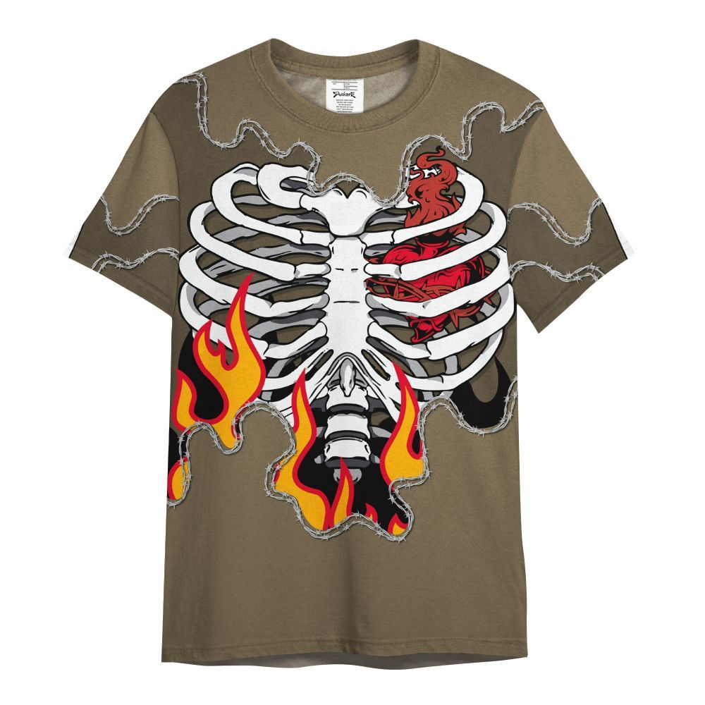 Shirt To Match Olive 9s - Skeleton Heart On Fire All Over Print