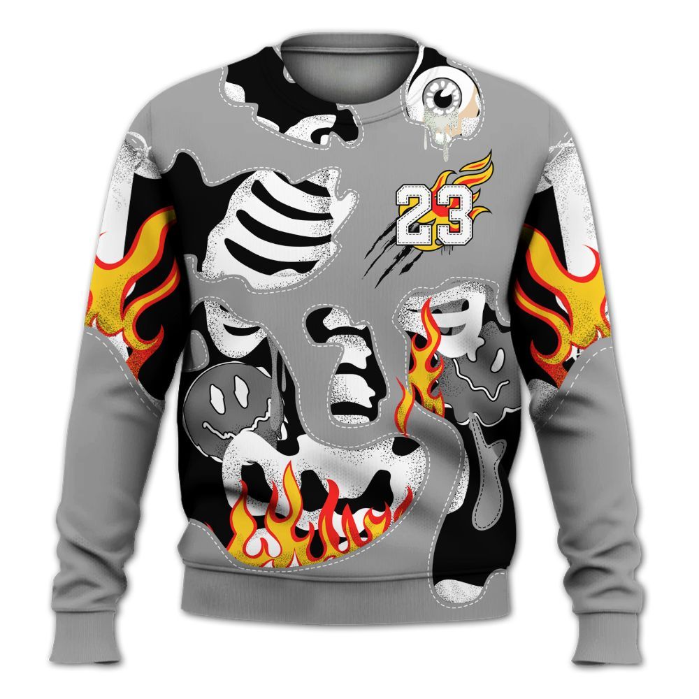 Sweatshirt To Match Black Wolf Grey 12s - Skeleton Smile Flame Drip All Over Print