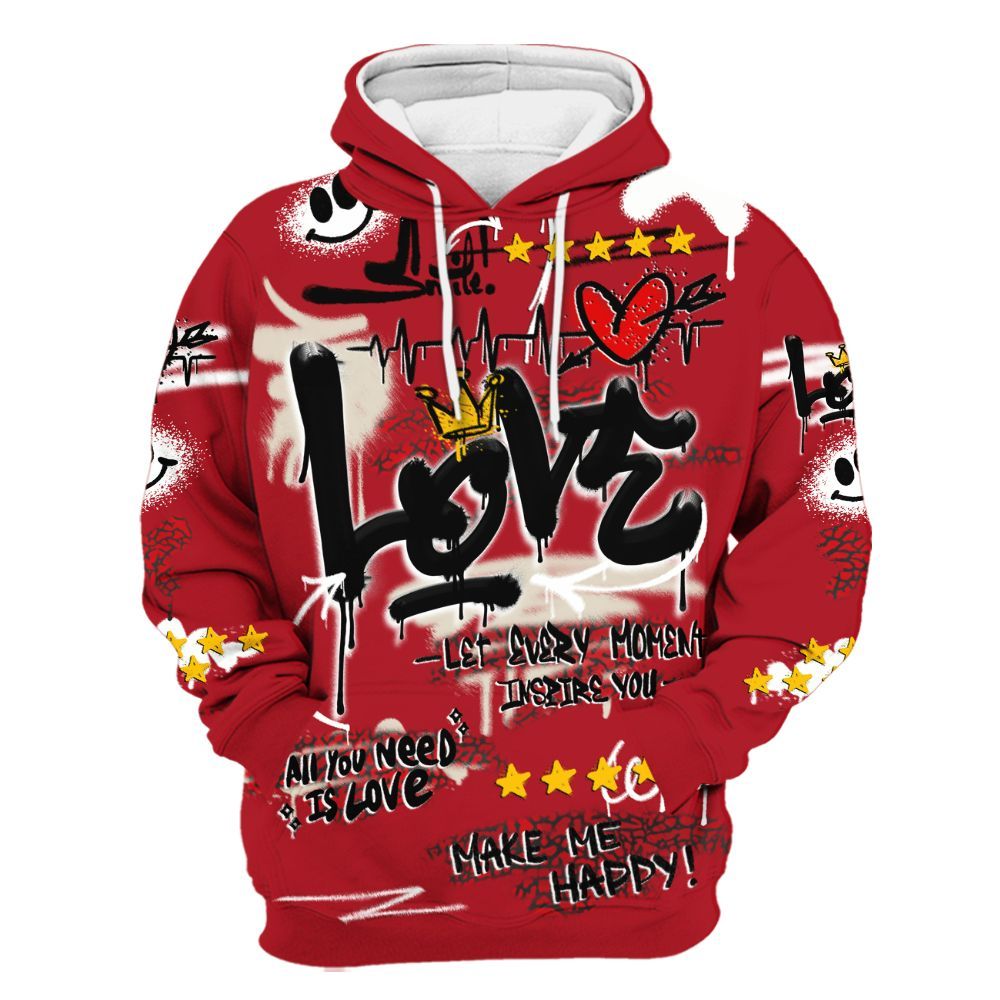 Hoodie To Match Mid Red Cracked Leather 1s - Happy Love Beats Graffiti All Over Print