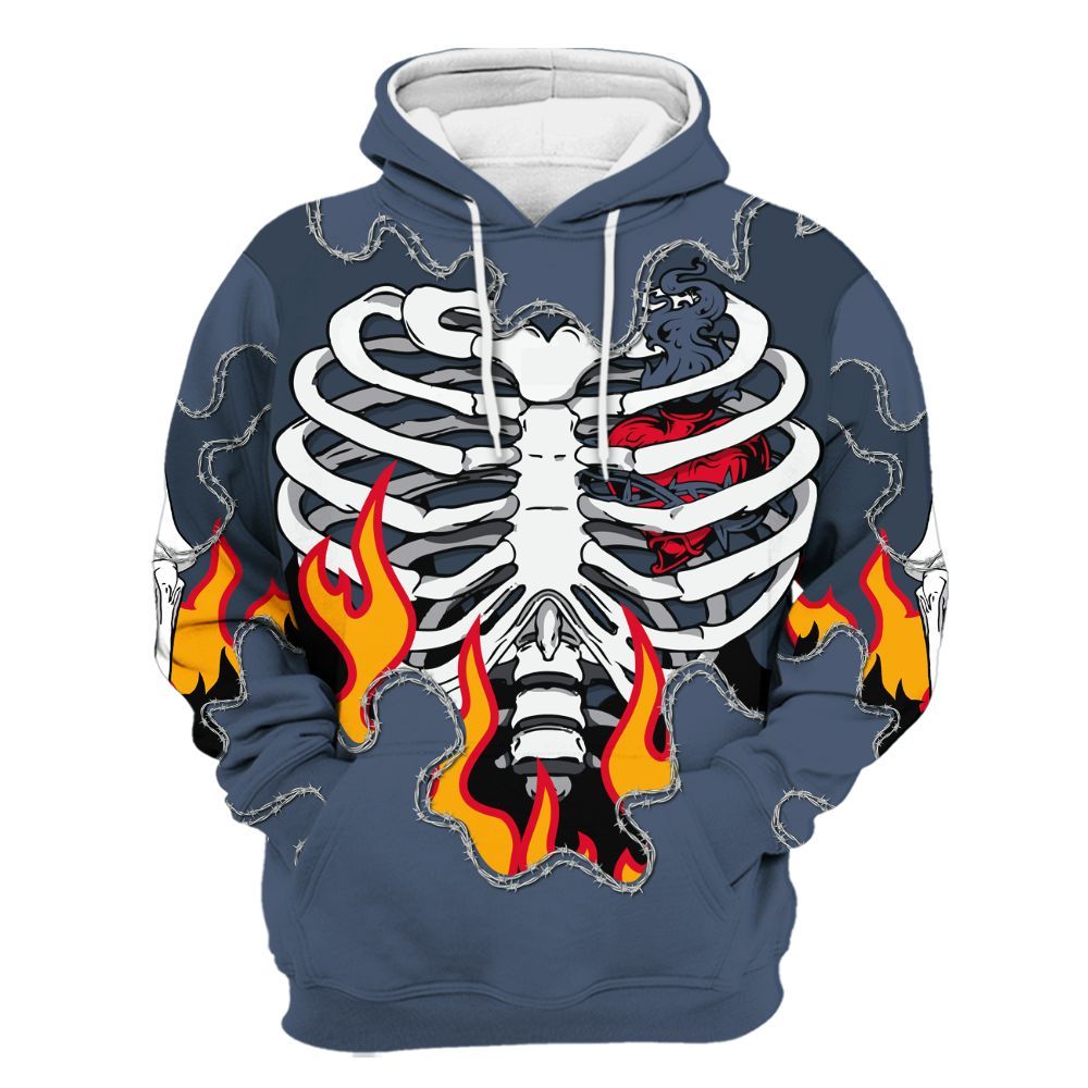 Hoodie To Match Low Diffused Blue 11s - Skeleton Heart On Fire All Over Print