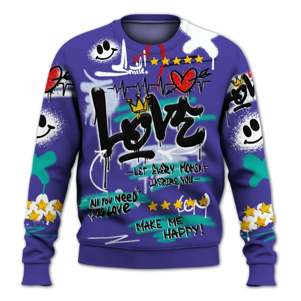 Sweatshirt To Match Retro Grape 5s - Happy Love Beats Graffiti All Over Print