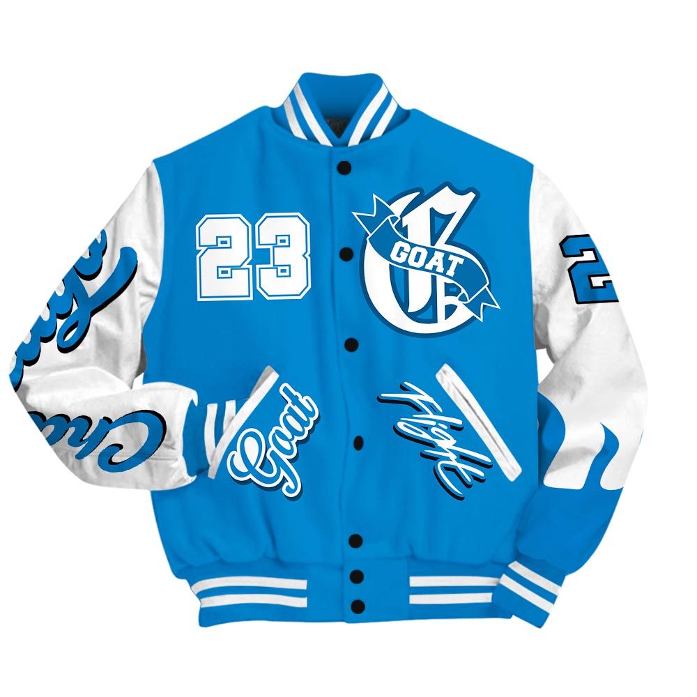 Varsity Jacket To Match Industrial Blue 4s - The G.O.A.T Flight Streetwear Baseball Varsity Jacket Military Blue 4s Unisex Outfit