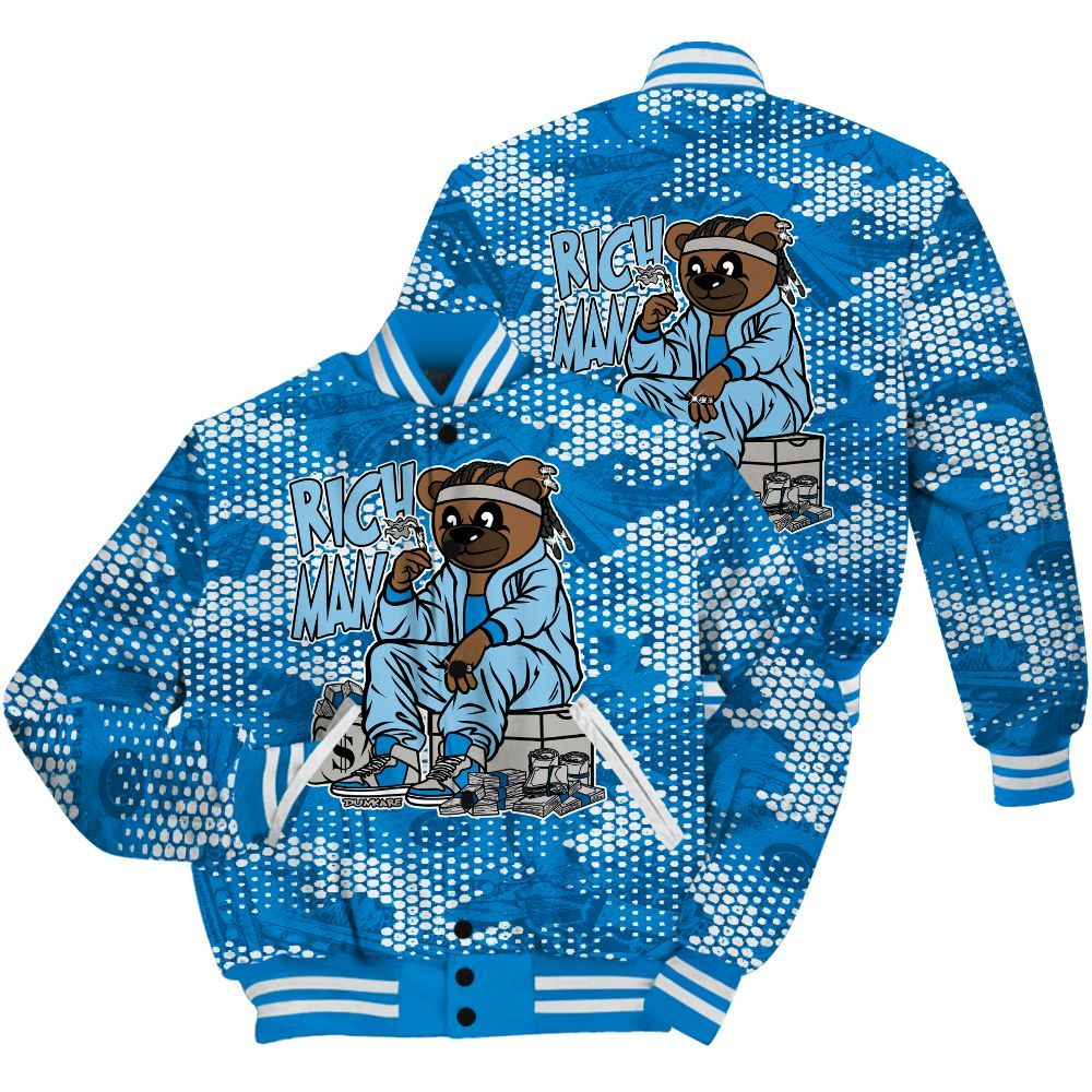 Varsity Jacket To Match Industrial Blue 4s Shirt - Rich Man Bear Banknotes Art All Over Print