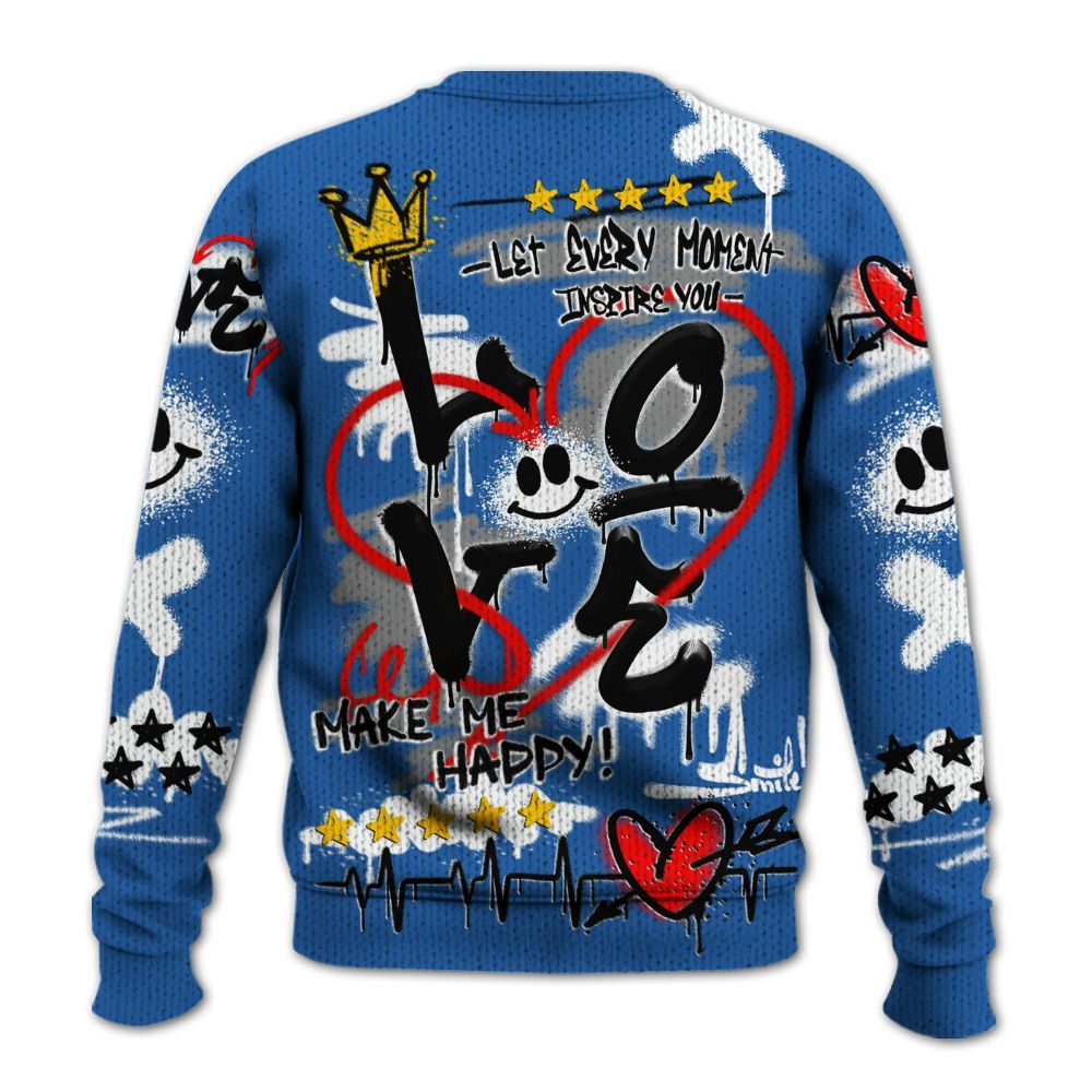 Knitted Sweater To Match Brave Blue 13s - Happy Love Beats Graffiti Streetwear