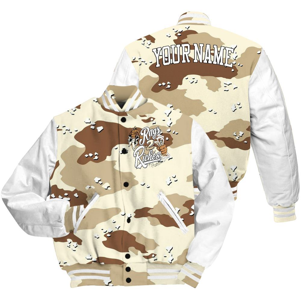 Varsity Jacket To Match Desert Camo 3s - Custom Name Rag 2 Riches All Over Print