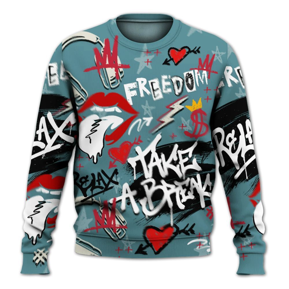 Sweatshirt To Match Dunk Low Denim Turquoise Royal - Take Break Freedom Graffiti Streetwear All Over Print