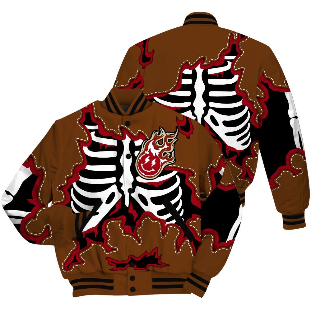Varsity Jacket To Match Archaeo Brown 5s Shirt, Skeleton Smiley Face All Over Print