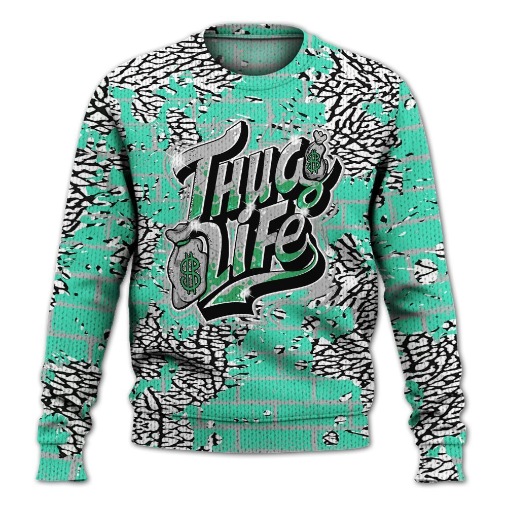 Knitted Sweater To Match Black Green Glow 3s - Free Thug Living Graphic Brick Art