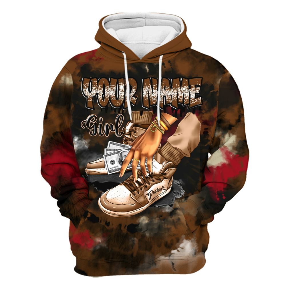Hoodie To Match Archaeo Brown 5s Varsity Jacket, Custom Name SNEAKER Girl Money Drip Tie Dye All Over Print
