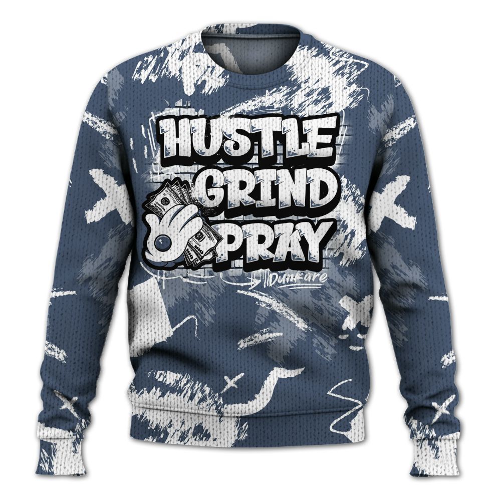 Knitted Sweater To Match Low Diffused Blue 11s - Hustle Grind Pray Retro